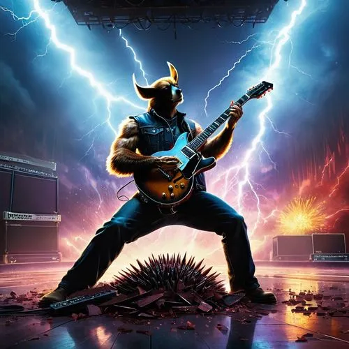 (Aural Annihilation, Heavy Metal Art by Dan LuVisi, by Simon Stalenhag, by Ash Thorp, by Android Jones :1.3), (a ferocious_wolverine, its_fur Standing_on_end_like_electric_spikes, as it slams_the_elec