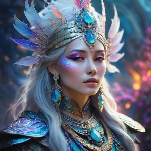 fantasy portrait,fantasy art,fantasy picture,faery,faerie,feather headdress,fantasy woman,3d fantasy,blue enchantress,headdress,ice queen,garuda,fairy queen,fairy peacock,warrior woman,mystical portrait of a girl,elven,the snow queen,unicorn art,oriental princess,Illustration,Paper based,Paper Based 14