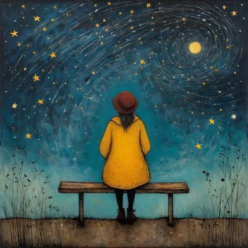 to be alone,girl in a long,starry night,falling star,falling stars,loneliness,astronomer,park bench,woman thinking,bench,stargazing,the girl at the station,starry sky,sit and wait,night stars,lonely child,meditation,solitude,man on a bench,alone,Art,Artistic Painting,Artistic Painting 49