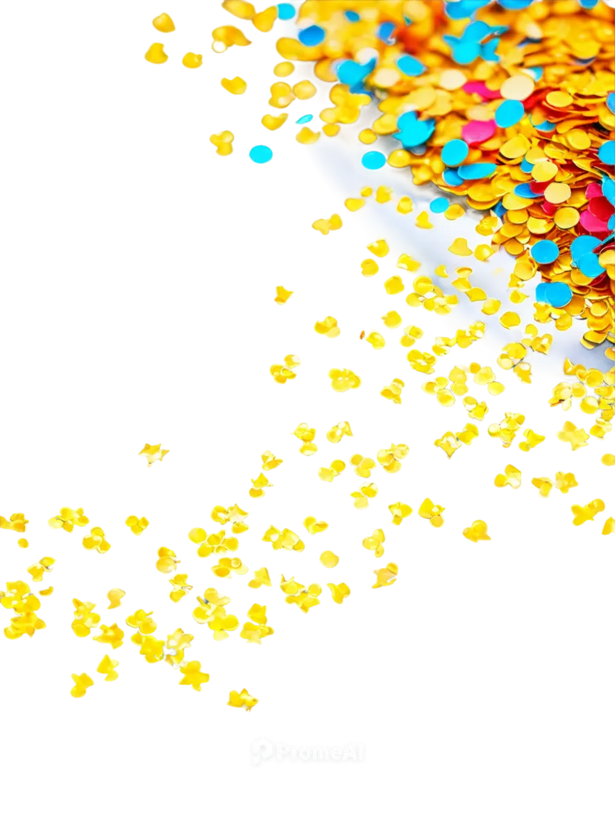 colorful confetti, transparent background, scattered, circular shape, shiny surface, metallic material, reflective light, soft focus, close-up shot, shallow depth of field, vibrant colors, festive atm