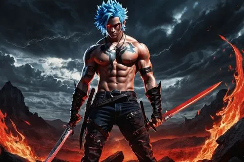 blue haired, demon slayer, male, muscular, ripped, bare chest, six pack abs, torn jeans, black boots, silver sword, demonic horns, red eyes, intense gaze, fiery background, dark clouds, hellish landsc