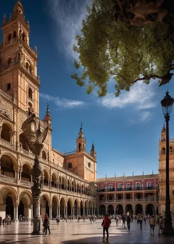 Ancient Spanish architecture, grandiose cathedral, ornate Gothic style, intricate stone carvings, stained glass windows, high ceilings, majestic towers, red-tiled roofs, Baroque ornaments, detailed fa