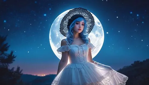 blue moon rose,the snow queen,fairy queen,blue enchantress,moonchild,fantasy picture,white rose snow queen,faerie,queen of the night,fairie,moonbeam,blue moon,suit of the snow maiden,moonbeams,moon and star background,faery,the angel with the veronica veil,nightdress,mystical portrait of a girl,rosa 'the fairy,Conceptual Art,Fantasy,Fantasy 32