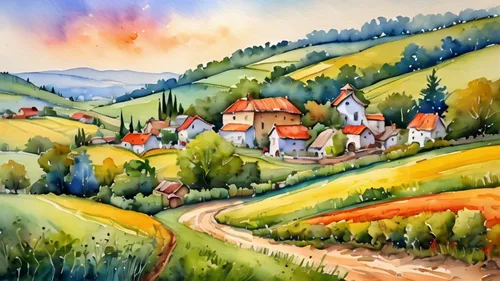 watercolor background,home landscape,watercolor painting,watercolor,watercolor shops,rural landscape,vegetables landscape,farm landscape,watercolor paint,village scene,landscape,landscape background,mountain village,watercolour,panoramic landscape,cottages,watercolor paper,alpine village,villages,houses clipart,Illustration,Paper based,Paper Based 24