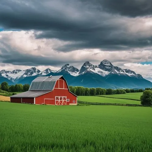 here is a red barn in a green field with a mountain in the background, a picture by Karl Hagedorn, pixabay contest winner, minimalism, nature and clouds in background, clouds and fields in background,