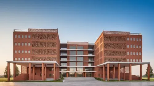 Create the exterior façade of a modern university building with a strong emphasis on brick jali work. The design should integrate a balance of tradition and contemporary architecture, with intricate b