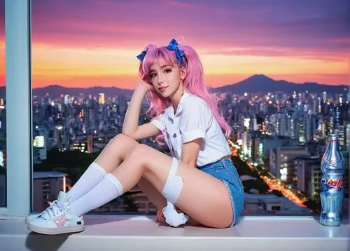 hk,hong,asia,pi mai,stream,pink hair,phuquy,on the roof,taipei,anime girl,bangkok,harajuku,asia girl,above the city,japanese kawaii,japanese idol,streaming,hojuela,jin deui,asian vision,Illustration,Retro,Retro 21