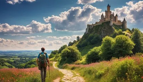 backpacker, young adult, casual wear, hiking boots, backpack, walking stick, scenic countryside, rolling hills, western Europe, rural landscape, afternoon sunlight, warm atmosphere, few fluffy clouds,