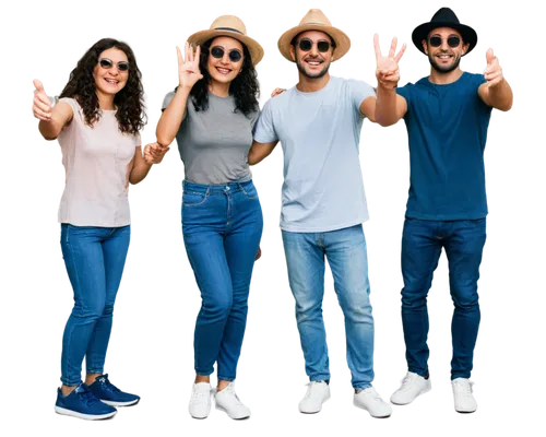 Happy people, smiling faces, various ages, casual wear, jeans, t-shirts, sneakers, accessories like hats, sunglasses, solo portraits, group photos, friends laughing together, hugging, high-fiving, joy