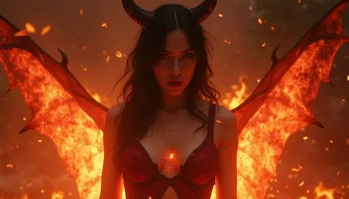 woman in red costume with horns and devil wings,demoness,fire angel,infernal,bedevil,demonata,fire devil