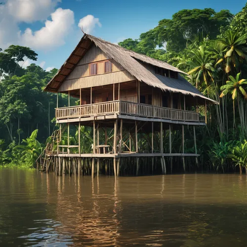 stilt house,stilt houses,floating huts,house by the water,tropical house,house with lake,wooden house,houseboat,belize,backwaters,tree house hotel,traditional house,cube stilt houses,boat house,teak bridge,floating restaurant,borneo,cambodia,floating island,beautiful home,Photography,General,Realistic