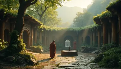 monks,buddhists monks,the mystical path,wudang,monasteries,rivendell,monastery,pathway,world digital painting,ancient city,the path,buddhist monk,druids,monastic,cloistered,sanctum,ancient,nargothrond,fantasy landscape,fantasy picture,Photography,General,Realistic