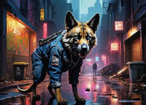 fox in the rain,cyberpunk,hachiko,walking in the rain,jackal,haida,bladerunner,raincoat,coyote,cityscape,urbanfetch,postapocalyptic,street dog,parka,urban,vulpes,stray dog,dog street,in the rain,alleycat,Art,Artistic Painting,Artistic Painting 39