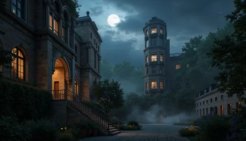 brownstones,night scene,ravenloft,brownstone,evening atmosphere,victorian,apartment house,theed,the haunted house,moonlit night,victoriana,arkham,haddonfield,nocturne,gaslight,ghost castle,victorian house,haunted house,darktown,haunted castle