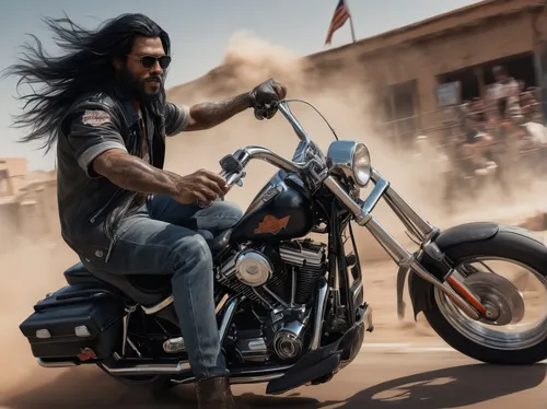 A black long haired man riding on a Harley Davidson bike, dust horsed in the background,harley-davidson,harley davidson,biker,bullet ride,motorcycle drag racing,motorcycling,heavy motorcycle,panhead,m