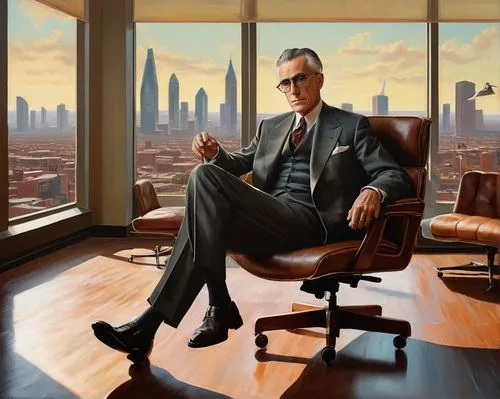 Haskell, Jacksonville, director, 40s, mature gentleman, stylish haircut, glasses, formal wear, suit, tie, waistcoat, leather shoes, sitting, luxury office, wooden desk, ergonomic chair, modern art pai