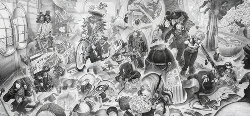 panoramical,pencil drawings,buddhist hell,psychedelic art,pencil art,pencil and paper,purgatory,abstract cartoon art,crowded,colourless,graphite,breeding ground,sistine chapel,backgrounds,clutter,meti