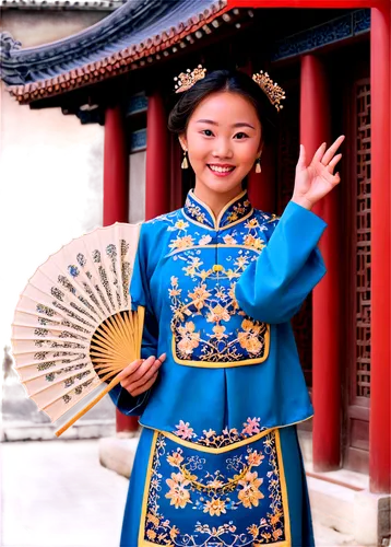 Traditional Chinese lady, Qing dynasty clothing, intricate embroidery, golden accessories, elegant hairstyle, subtle makeup, gentle smile, holding fan, standing in front of traditional Chinese archite