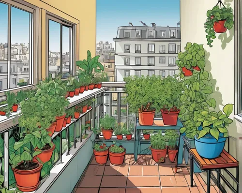 Transform your small balcony into a vibrant kitchen garden oasis.,watercolor paris balcony,paris balcony,balcony garden,balcony plants,roof garden,greenhouse cover,greenhouse,roof terrace,greenhouse e