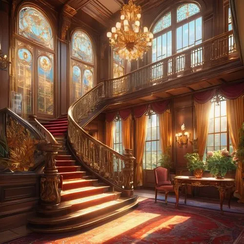 ornate room,staircase,ornate,outside staircase,entrance hall,victorian,grandeur,royal interior,victorian room,staircases,hallway,ballroom,victoriana,driehaus,opulently,winding staircase,mansion,palatial,opulent,europe palace,Illustration,Japanese style,Japanese Style 03