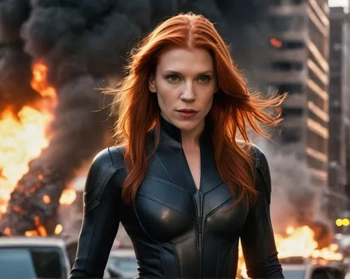 A young (((25 years old))) Katee Sackhoff as young Black Widow (((She has long straight red hair and she is dressed with the Black Widow suit))), in an alternate Marvel Universe. This takes place in t