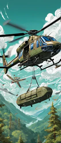 military helicopter, vehicle, flying, sky, clouds, detailed rotor blades, camouflage pattern, sleek design, armed, searchlights, cockpit view, pilot wearing helmet, green and brown colors, realistic t