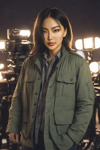 parka,khaki,female doctor,portrait background,korean drama,grey background,television character,jacket,asian woman,cardboard background,woman in menswear,park ranger,green jacket,denim background,trench coat,detective,mari makinami,national parka,mulan,cinematographer,Photography,Realistic