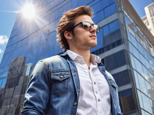 Average yearly income for architectural designer entry level, young adult, male, casual wear, denim jeans, white shirt, black glasses, messy brown hair, standing in front of a modern office building, 