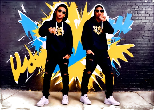 Young man, hip-hop dancer, dynamic pose, graffiti background, gold chain, black hoodie, ripped jeans, white sneakers, confident facial expression, sunglasses, microphone in hand, urban atmosphere, low