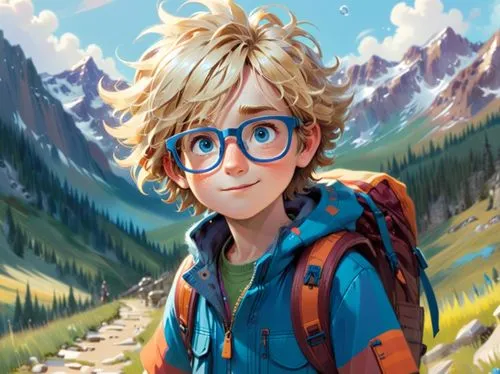 A young boy, around eight years old, with messy blonde hair and blue eyes, wearing glasses and dressed in hiking gear. His hair is tousled, giving him a carefree and adventurous look,a boy with blonde