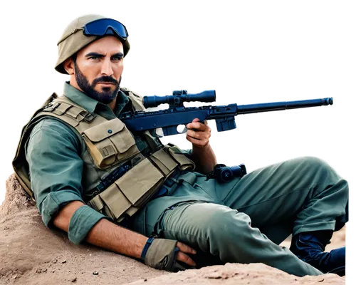 Male sniper, camouflage uniform, rifle with scope, prone position, desert terrain, Middle Eastern setting, mature adult, rugged facial features, intense gaze, stubble beard, tactical vest, ammo pouche