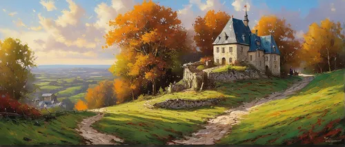 church painting,autumn landscape,home landscape,autumn idyll,fall landscape,fantasy landscape,rural landscape,fredric church,landscape background,one autumn afternoon,monastery,mountain settlement,autumn mountains,autumn scenery,high landscape,landscape,autumn morning,autumn day,mountain village,mountain scene,Conceptual Art,Oil color,Oil Color 06