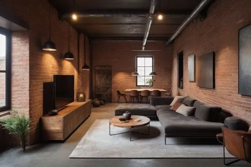 Create a series of hyper-realistic images showcasing an industrial-style interior design. The scene should prominently feature raw materials such as steel, iron, concrete, untreated wood, and exposed 