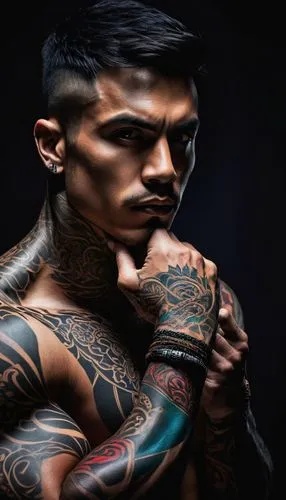 Muscular man, hand bone tattoo, detailed sleeve, intricate design, bold black lines, vibrant colors, 3/4 composition, dramatic lighting, dark background, shallow depth of field, intense gaze, strong f