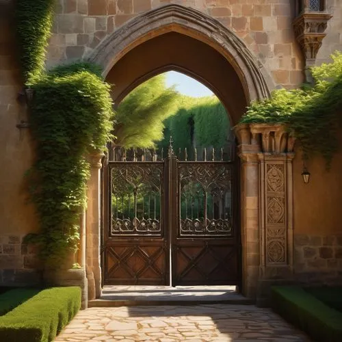 Medieval Spanish architecture, grandiose castle, stone walls, ornate Moorish arches, intricate stonework, rusted iron gates, wooden doors with heavy metal knockers, stained glass windows, Gothic tower