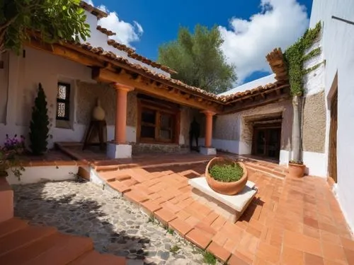 DISEÑO DE UNA CASA ESTILO MEXICANO MODERNO, CON UN CLAUSTRO CONFORMADO POR UNA TERRAZA  A BASE DE VIGAS DE MADERA, TEJA, COLUMNAS REDONDAS, EN EL CENTRO UN ESPEJO DE AGUA, CON EL ESTILO DE LA ARQUITEC