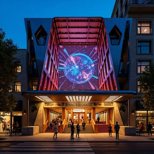 Futuristic theater facade, neon lights, dynamic LED displays, sleek metallic surfaces, angular lines, minimalist design, high-tech architecture, avant-garde style, urban cityscape, bustling streets, v