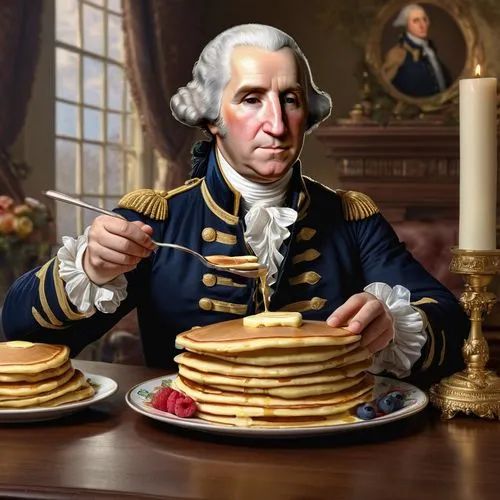 George Washington having pancakes ,american pancakes,george washington,still life with jam and pancakes,pancake week,pancakes,plate of pancakes,american breakfast,crêpe,ham pancakes,founding,american 