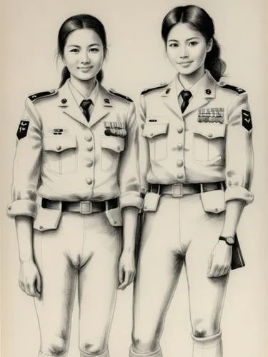 Black and white high resolution drawing: The female soldiers walk side by side and appear relaxed, despite being in a military environment. They exchange warm smiles, showing their close friendship an