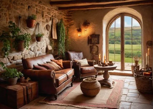 hobbiton,country cottage,provencal life,sitting room,inglenook,fireplaces,rustic aesthetic,alcove,country house,rustic,beautiful home,fireplace,cotswolds,home interior,french windows,provencal,interior decor,chateaux,breakfast room,wooden windows,Illustration,Retro,Retro 10