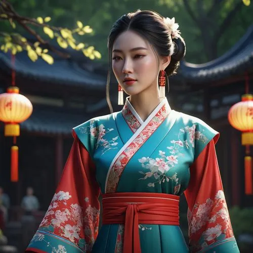 3D rendering, traditional Chinese summer dress, graceful and elegant, unreal engine, SSAO, global illumination, ray traced reflection, close up shot, dynamic action, 4K bokeh, high quality, intricate 