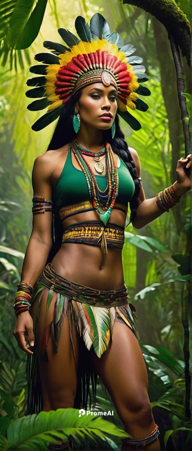 Amazonian woman, powerful muscles, exotic facial features, dark skin tone, bold eyebrows, full lips, long black hair with tribal braids, colorful feathered headdress, golden necklace with jungle-inspi