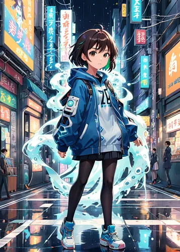 shibuya,anime japanese clothing,parka,cyan,windbreaker,shinjuku,tokyo city,kayano,mako,city lights,light rain,blue rain,world digital painting,walking in the rain,jacket,raincoat,tokyo,vector girl,pedestrian,newscaster,Anime,Anime,Realistic