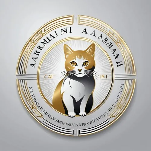 Logotipo plateado y dorado personalizado para armani sobre el tema de un certificado para un matemático, con ungato en el centro,the emblem of an animal society,amagasaki,akamai,kitano,yamazaki,jiwan,