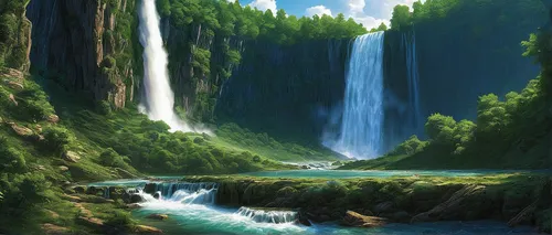 green waterfall,wasserfall,ash falls,waterfall,water falls,brown waterfall,waterfalls,bridal veil fall,water fall,falls,bond falls,falls of the cliff,fantasy landscape,ilse falls,mountain spring,a small waterfall,flowing water,river landscape,nature landscape,natural scenery,Illustration,American Style,American Style 02