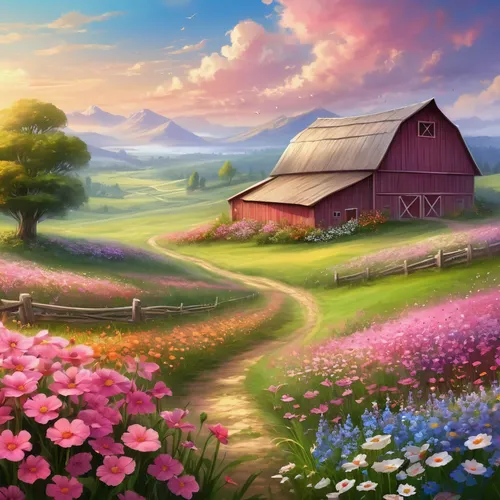 farm landscape,meadow landscape,meadow in pastel,farm background,landscape background,blooming field,flower field,field of flowers,flowers field,rural landscape,springtime background,home landscape,flower meadow,spring background,flowering meadow,salt meadow landscape,beautiful landscape,purple landscape,countryside,nature landscape,Illustration,Realistic Fantasy,Realistic Fantasy 01