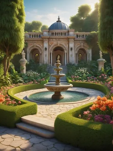 gardens,jardiniere,garden of the fountain,rosarium,secret garden of venus,flower garden,water palace,palace garden,rivendell,landscaped,dorne,naboo,garden of eden,aerith,garden of plants,marble palace,flowerbeds,pearl border,decorative fountains,rose garden,Illustration,Retro,Retro 24