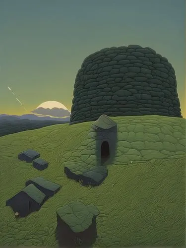 iron age hut,neolithic,chambered cairn,roof landscape,megalithic,straw hut,stone circle,dovecote,rural landscape,stone oven,blackhouse,home landscape,stone house,round house,neo-stone age,megaliths,bu