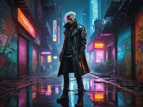 cyberpunk,bladerunner,dmc,hauer,neuromancer,vergil,deckard,protagonist,noir,logan,replicant,shadowrun,cyberpunks,walking in the rain,burzenin,urban,markus,replicants,dystopian,ekko,Illustration,Realistic Fantasy,Realistic Fantasy 24