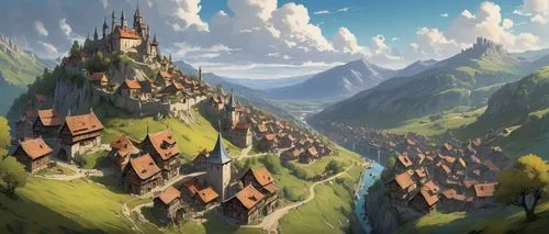 alpine village,mountain settlement,mountain village,knight village,aurora village,escher village,meteora,medieval town,high alps,valley,fantasy landscape,mountain valley,villages,mountain world,alpine crossing,hogwarts,building valley,the alps,fantasy city,mountain scene,Conceptual Art,Fantasy,Fantasy 08